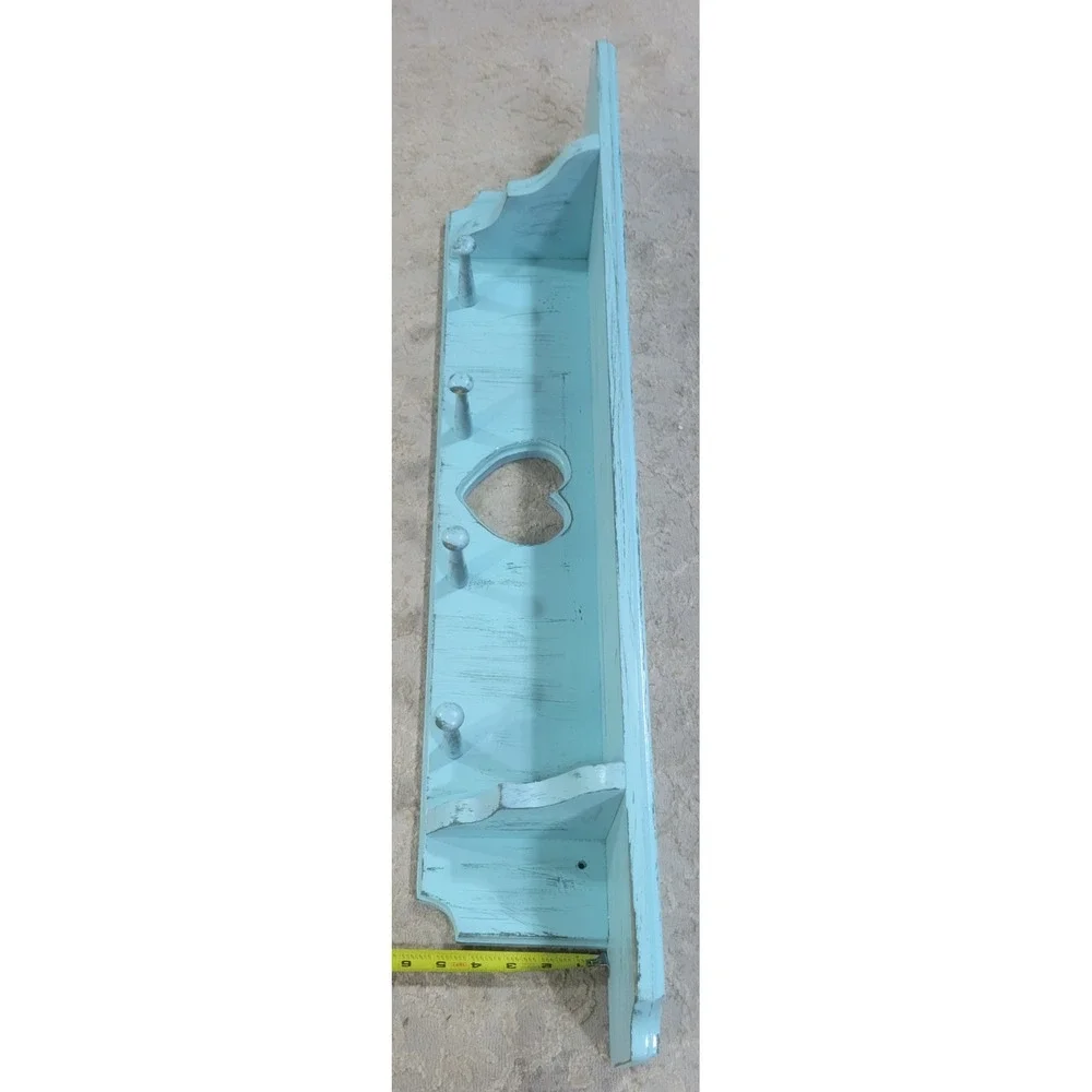 Light Blue Distressed Wood Wall Shelf Heart Cutout 4 Peg Hooks Farmhouse 36in
